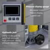 Close-up views of a heat press machine's control panel and hydraulic jack. Produktbild-Vorschau