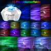 A collage of images showing a star projector and various projection effects, including nebula and moon imagery, in different color combinations and room settings. Produktbild-Vorschau