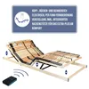 An adjustable bed frame with a remote control and informational text. Produktbild-Vorschau