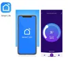A collage of app icons, a smartphone displaying an app's splash screen, and a smartphone displaying an app's interface for a heat pump water heater. Produktbild-Vorschau