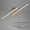 A modern LED ceiling light with two angled light bars and a wooden accent, shown against a plain gray background. A technical diagram with dimensions is also included. Produktbild-Vorschau