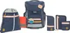A collection of navy blue school bags and accessories, including a backpack, a drawstring bag, a pencil case, and a smaller pouch, arranged on a white background. Voir les images du produit