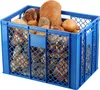A blue plastic crate filled with various types of bread and rolls. Produktbild-Vorschau