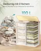 A laundry basket with two compartments filled with folded laundry, next to a large pile of unfolded laundry. Text indicates capacity and suitability for two people for a week. Produktbild-Vorschau