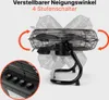 A black metal fan is shown with arrows indicating its adjustable tilt angle and a close-up of its control buttons. Náhľad obrázku produktu
