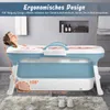 A woman relaxing in a portable bathtub, with text highlighting its ergonomic design. Náhled obrázku produktu