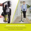 A split image showing a close-up of a vacuum cleaner and a woman using a vacuum cleaner in a hallway. Produktbild-Vorschau
