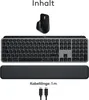 A Logitech keyboard, mouse, and wrist rest are displayed against a white background, with text indicating cable length. Anteprima dell’immagine prodotto