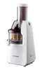 A white slow juicer with a transparent container and a brown lid, shown from a side-diagonal angle against a white background. Náhled obrázku produktu