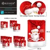 A collage of images showcasing KESSER® Christmas chair covers, including product shots, size information, and packaging details. Produktbild-Vorschau