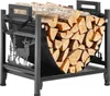 A metal firewood rack filled with logs, featuring a decorative silhouette of a deer and trees on one side. Produktbild-Vorschau