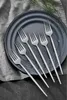 A set of forks laid out on a dark blue plate, with a sprig of greenery in the background. Náhľad obrázku produktu