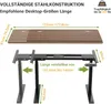 A diagram showing the dimensions and features of an adjustable standing desk frame and its tabletop. The diagram includes measurements and text in German. Náhled obrázku produktu