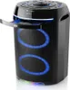 A black portable speaker with blue LED lights and a CD player tray open. Náhled obrázku produktu