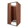 A freestanding changing room or fitting room with brown curtains and a stool inside. Voir les images du produit