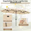A double-sided patio umbrella with multiple inset images highlighting its features. Produktbild-Vorschau