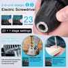 A collage of images showcasing an electric screwdriver and its features, including close-ups of its components and examples of its use. Náhled obrázku produktu