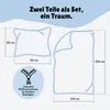 Diagram showing the dimensions of a two-piece bedding set, including a pillowcase and a duvet cover, with a close-up of a zipper. Produktbild-Vorschau