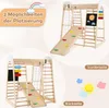 A collage showing two different configurations of a wooden children's climbing frame, along with decorative elements and text indicating placement options. Podgląd zdjęcia produktu