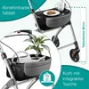 A rollator with a tray and a basket containing a plant and watering can, shown with marketing text and icons. Produktbild-Vorschau