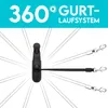 A black dog leash handle with three leashes extending from it, set against a white background with radiating lines and text at the top. Produktbild-Vorschau