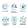 A collage of icons and text describing product features, presented on a light blue background. Produktbild-Vorschau