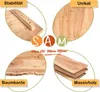 A collage of four images showcasing different aspects of a wooden tabletop, with a central logo and text. Produktbild-Vorschau
