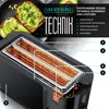 A cutaway view of a toaster showing its internal components and features, with avocado toast in the background. Produktbild-Vorschau