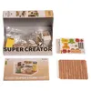 A collection of items related to a DIY miniature house kit, including the box, unassembled parts, and instruction booklets. Podgląd zdjęcia produktu