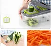A collage of images showing a multi-functional vegetable slicer in use and its results. Náhľad obrázku produktu