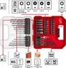 A set of drill bits and screwdriver bits laid out in a red and clear plastic case, with diagrams and text indicating their uses and specifications. Voir les images du produit