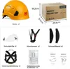 A collage of images showing a safety helmet and its accessories, along with packaging and dimensions. Produktbild-Vorschau