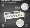 A white wooden children's bed with a slatted frame, presented with feature callouts. Produktbild-Vorschau