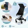 Collage showing a lightweight stroller, its portability, and airline suitability, set against a sky and cloud background. Produktbild-Vorschau