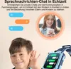 A child is holding their ear, listening, with a smartwatch on their wrist. A woman is smiling while looking at her phone in a circular frame above. Produktbild-Vorschau