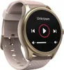 A smartwatch with a rose gold casing and a pink strap is shown against a white background. The watch face displays a music player interface with the song title 'Unknown' and playback controls. Produktbild-Vorschau