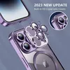A close-up, angled view of a purple iPhone 14 Pro case with its camera lens protectors detached and floating above. Produktbild-Vorschau