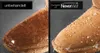 A split image showing a comparison of a shoe treated with NeverWet versus one that is untreated, demonstrating water repellency. Produktbild-Vorschau