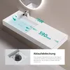 A modern white washbasin with a faucet and a drain cover, featuring marketing annotations. Produktbild-Vorschau