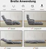 A collage of images showcasing a gray floor chair in various configurations, with icons and text indicating its different uses: reading, watching TV, playing games, sleeping, and working. Produktbild-Vorschau