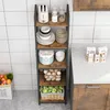 A tall, multi-shelf unit filled with kitchen items, placed next to a countertop with packaged goods. Náhled obrázku produktu
