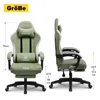 Two views of a green gaming chair with dimensions indicated. Náhľad obrázku produktu