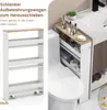 A slim storage cart is shown next to a toilet and sink in a bathroom, with text overlay describing its features. Voir les images du produit