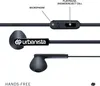 Close-up view of black Urbanista in-ear headphones with labels pointing out features. Produktbild-Vorschau
