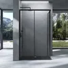 A modern bathroom with a black framed glass shower enclosure, set against a backdrop of a mountain landscape visible through large windows. Produktbild-Vorschau