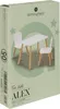 The image shows the packaging for a children's table and chair set. The packaging is light green with illustrations of stars and a large circular graphic. The product itself, a white table with wooden legs and two white chairs, is depicted on the front of  Náhled obrázku produktu