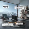 A modern living room with a large window overlooking mountains, featuring a black electric heater, a chair, and bookshelves. Produktbild-Vorschau