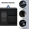 A black sideboard with a glass door and open shelves, with callouts highlighting storage capacity and features. Anteprima dell’immagine prodotto