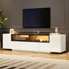 A modern white and black TV stand with LED lighting, featuring a television mounted above it. Produktbild-Vorschau