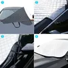 Collage of four images showing a car windshield cover being installed and its features. Podgląd zdjęcia produktu